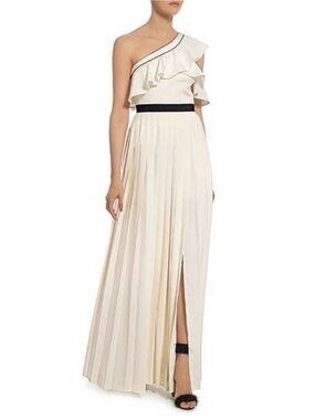 Self-Portrait Cream One-Shoulder Ruffle Pleated Maxi Dress with Black Waistband